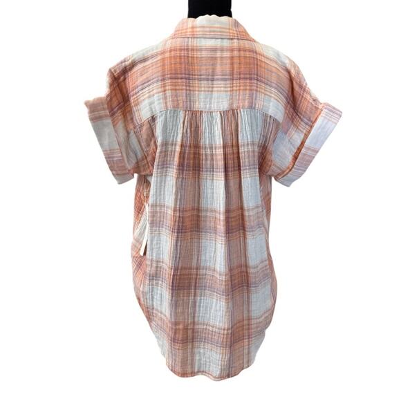 NEW CASLON NORDSTROM White Orange Plaid Short Sleeve Button-Up Shirt Size S - Picture 2 of 5